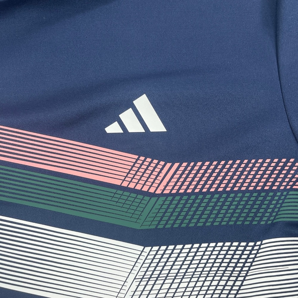 Adidas Mens Large Navy Blue Polo Shirt Geometric Chest Stripe Performance - Picture 4 of 8